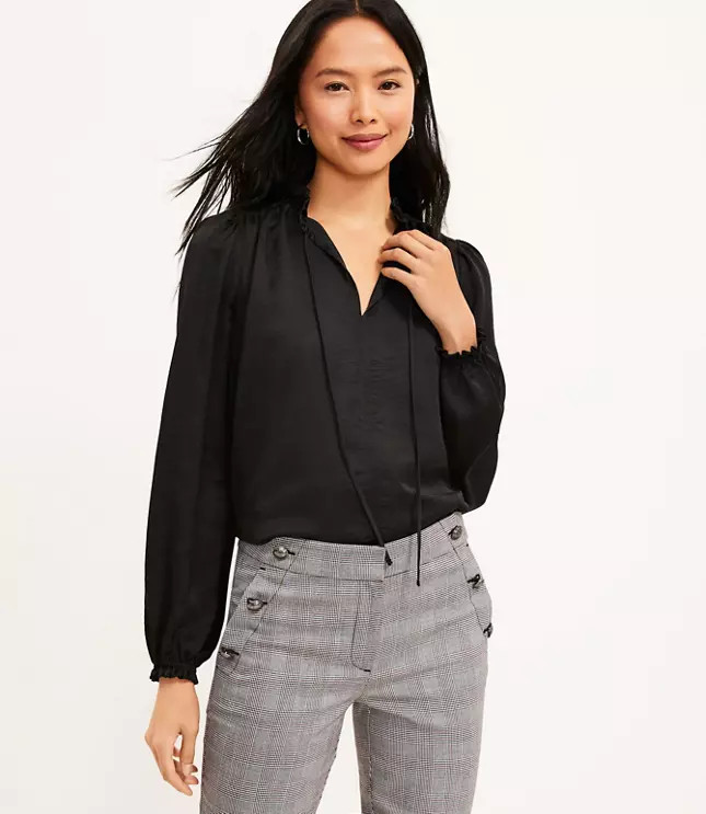 Ruffle Tie Neck Mixed Media Blouse | LOFT
