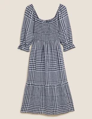 Linen Rich Gingham Square Neck Midi Dress | M&S Collection | M&S | Marks & Spencer (UK)