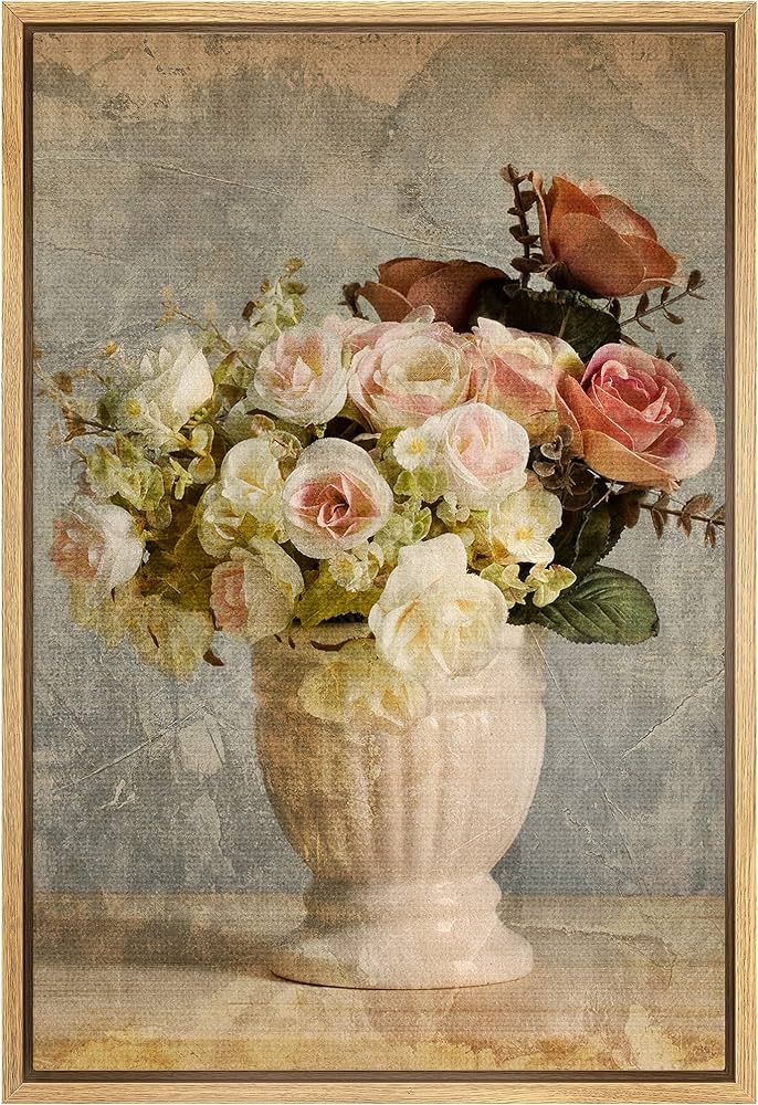 SIGNFORD Canvas Print Wall Art Vintage Pink & White Roses in Vase Floral Plants Photography Moder... | Amazon (US)