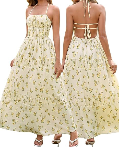 XinFSh Women's Summer Floral Halter Beach Maxi Dress Flowy A Line Backless Vacation Boho Sundress | Amazon (US)