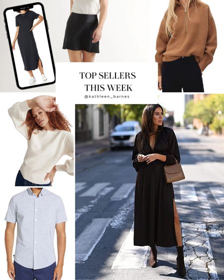This week’s top sellers! Half zip sweater, Java midi dress, tshirt dress, balloon sleeve sweater and mens shirt -