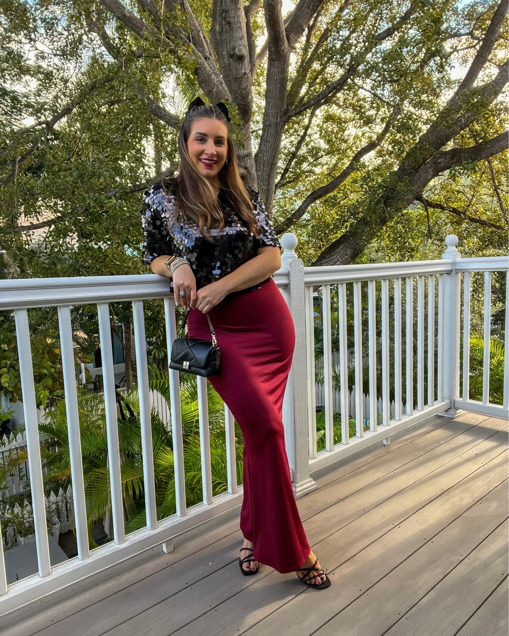 Amazon maxi dress, Target sequin crop top, mini black handbag, rhinestone velvet hair bow, black sandals, black heels, outfit of the night in Florida, casual outfit, date night look 

#LTKHoliday #LTKstyletip #LTKfindsunder50