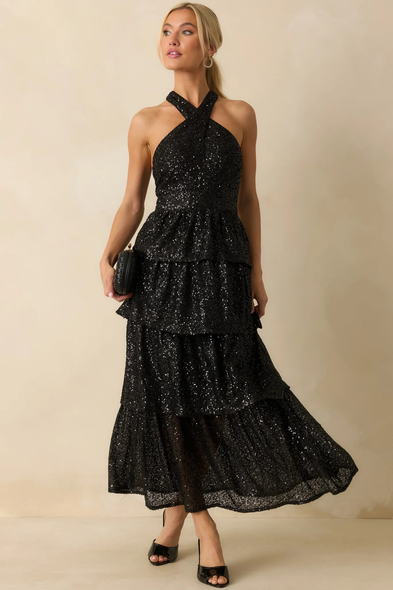 Always On Point Black Sequin Halter Maxi Dress | Red Dress