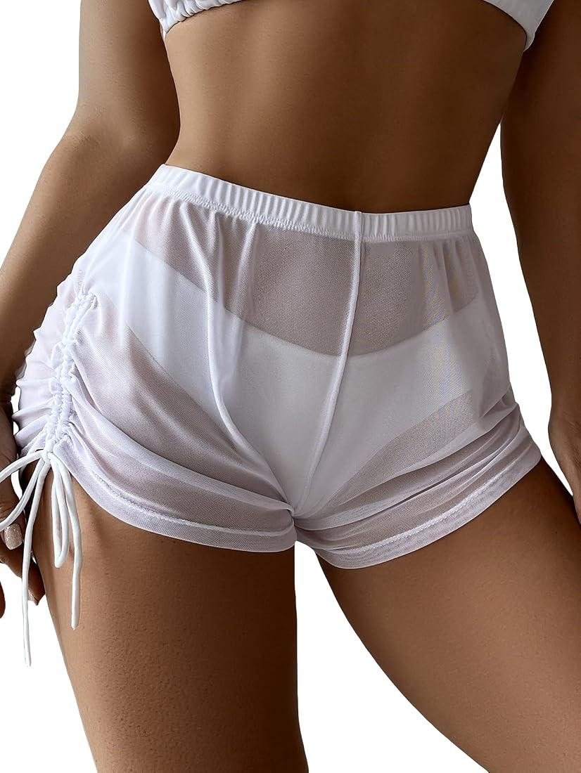 Verdusa Women's Drawstring Side Sheer Mesh Bikini Bottoms Swimsuit Cover Up Shorts | Amazon (US)