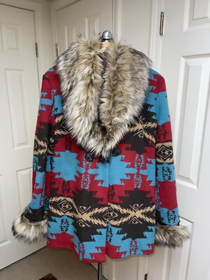 Tasha Polizzi Collection Aztec Faux Fur Blanket Jacket Coat Sz Lg | eBay US