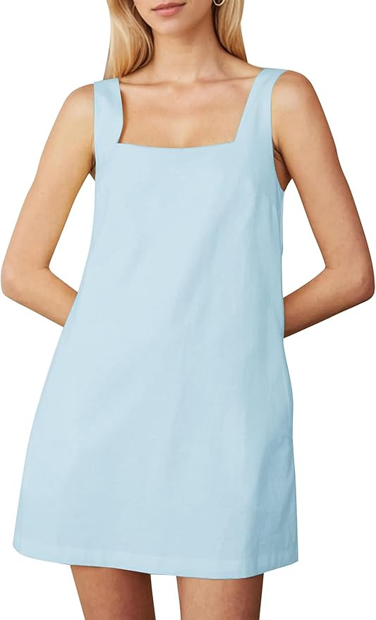 Summer Sleeveless Cotton Linen Mini Dresses for Women Casual Square Neck Backless Short Dress Sol... | Amazon (US)