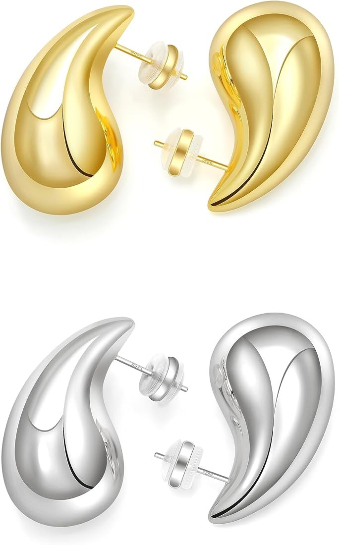 Chunky Gold Hoop Earrings for Women Lightweight Teardrop Dupes Earrings 925 Sterling Silver Post ... | Amazon (US)
