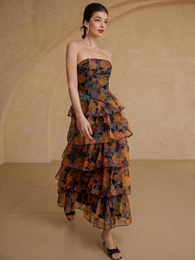 Aveloria Rosie Fashion French Romantic High-End Organza Print Ruffle Trim Sleeveless Long Dress For Women | SHEIN