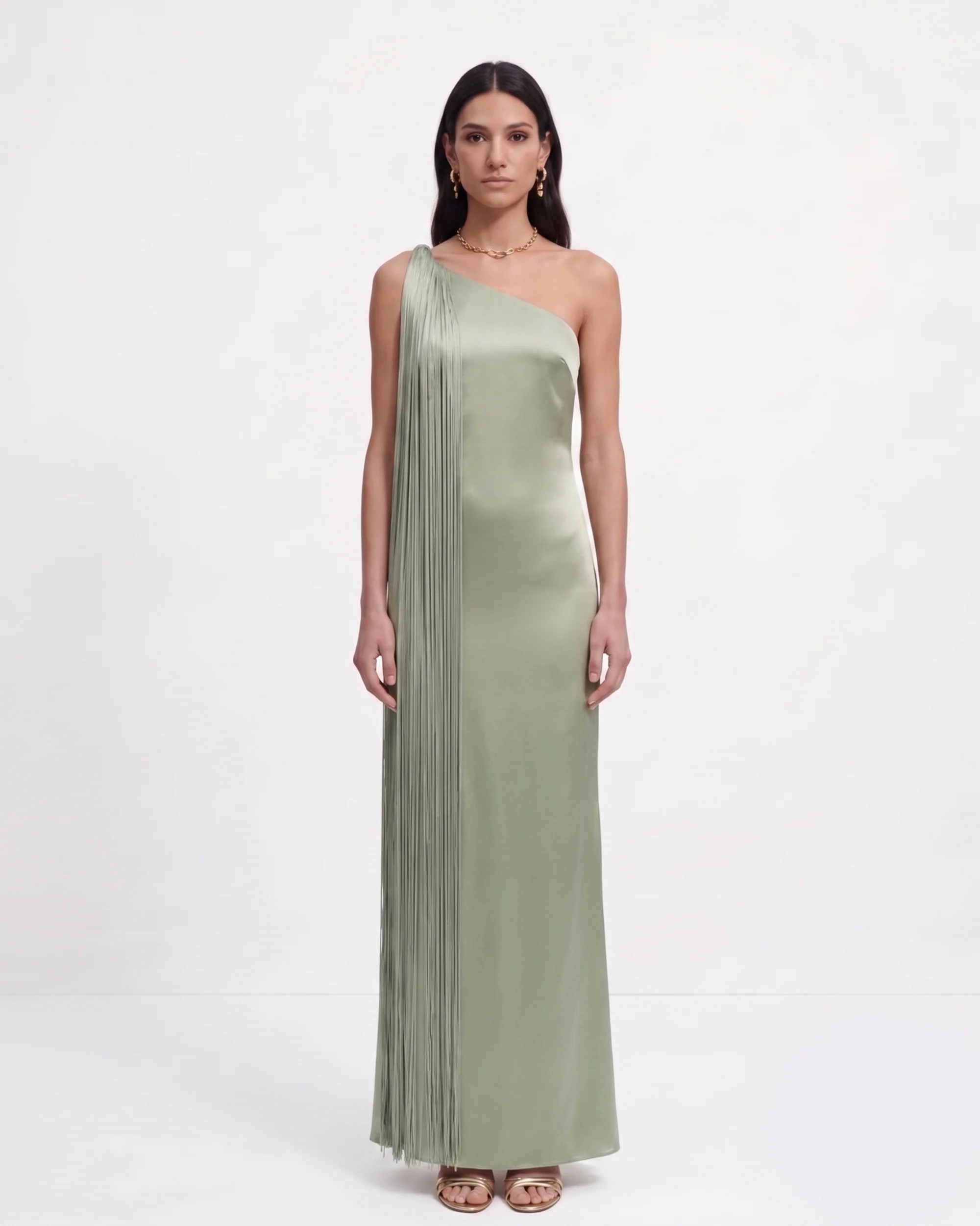 Fringe One Shoulder Maxi Dress - Sage Green | JW PEI US