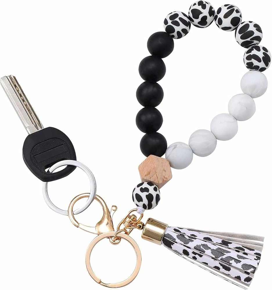 BAOSIWA Silicone Key Ring Bracelet Wristlet Keychain Cow Print Beaded Bangle Key Chains for Women... | Amazon (US)