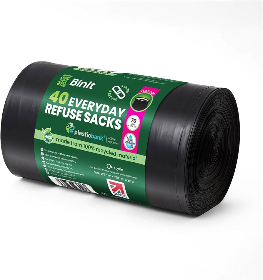 BIN IT 40 Everyday 70L Strong & Secure, Refuse Sacks, Bin Bags, Bin Liners, Flat Top, Recycled, T... | Amazon (UK)