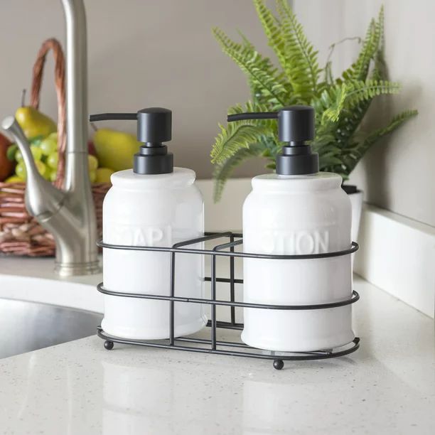 Home Basics 2 Piece Ceramic Soap Dispenser with Dual Compartment Metal Rack, White - Walmart.com | Walmart (US)