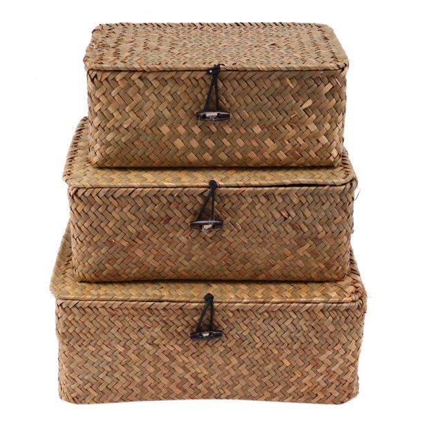 3pcs Woven Wicker Storage Bins with Lid Rectangular Seagrass Basket - Walmart.com | Walmart (US)