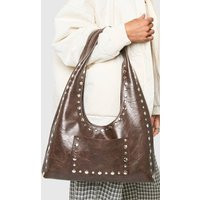Womens Stud Trim Distressed Slouchy Shoulder Bag - Brown - One Size, Brown | Boohoo.com (UK & IE)