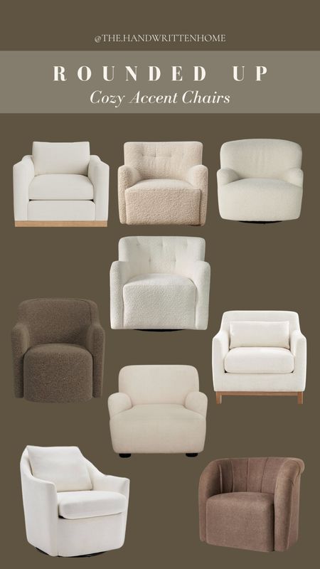 Neutral cozy accent chairs!
These are all oversized and perfect for curling up in to relax.

Boucle, linen, teddy bear fabric...

#LTKhome #LTKsalealert