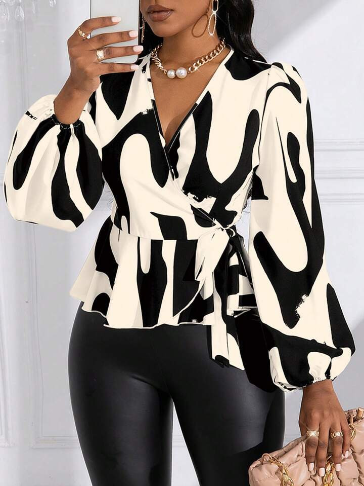SHEIN Lady All-over Printed V-neck Lantern Sleeve Lace-up Shirt | SHEIN