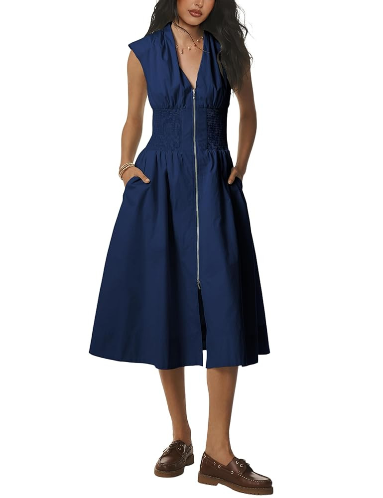 Women Sleeveless Midi Dress Summer Casual V Neck Zip Front Smocked Shirt Dress with Pockets | Amazon (US)