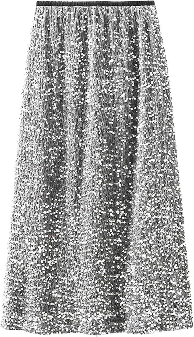 Women’s Sequin Skirt Elastic High Waist Sparkle Long Bodycon Skirts with Slit for Party Evening... | Amazon (US)
