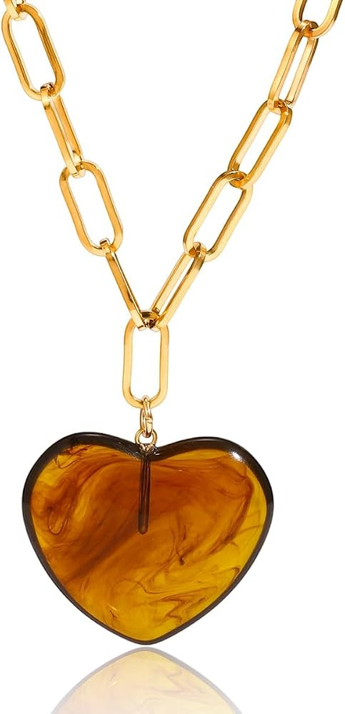 Kokoma Resin Amber Heart Pendant Necklace for Women, Gold-Toned Chunky Chain Link Love Heart Chok... | Amazon (US)