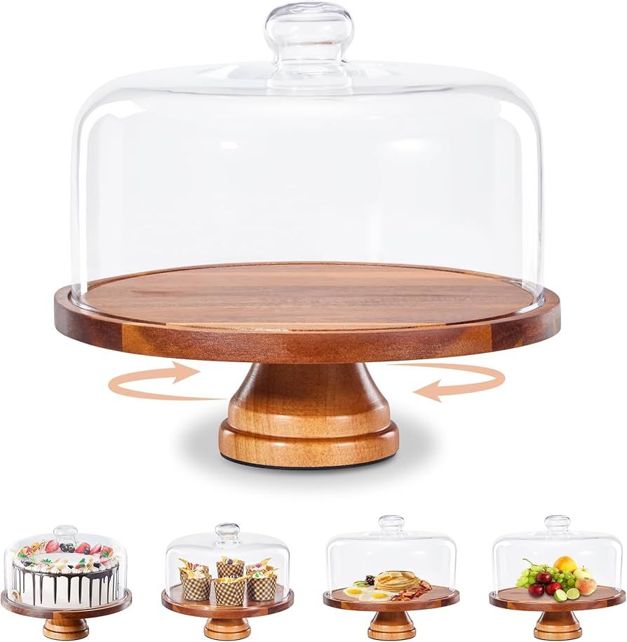 Yangbaga Glass Cake Stand with Lid,11in Wooden Rotating Cake Stand with Dome Cover, Cake Plate Di... | Amazon (US)