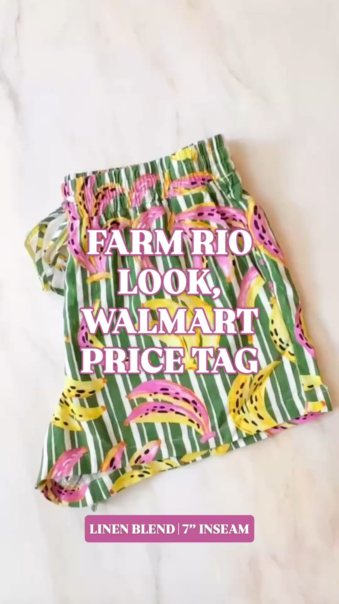 Walmart linen shorts | Free Assembly shorts | Farm Rio inspired shorts | vacation outfit | summer outfit

Farm Rio look, Walmart price tag, and the shorts are only $24.

These Free Assembly linen-blend print shorts are exactly the kind of Walmart find that makes a basic summer outfit look styled fast. The green stripe base, pink and yellow tropical fruit print, pull-on waistband, drawstring tie, relaxed fit, pockets, and 7-inch inseam give them that colorful resort short energy without the resort price.

The fabric is a 70% rayon, 30% linen blend, so they have that lightweight, breezy feel. 

Add a white tank, white tee, button down, swimsuit, linen shirt, raffia sandals, gold jewelry, or a simple summer top and the outfit is done.

Wear them for beach vacation outfits, resort mornings, cruise outfits, lake weekends, poolside lunches, girls trips, summer errands, patio brunch, beach town shopping, travel days, and every hot-weather plan where you want some vibrant color. 

Walmart linen shorts, Walmart shorts, Free Assembly shorts, Free Assembly linen shorts, linen blend shorts, tropical shorts, fruit print shorts, banana print shorts, striped shorts, pull on shorts, drawstring shorts, shorts with pockets, summer shorts women, vacation shorts, beach vacation outfit, vacation outfit, resort outfit, cruise outfit, summer outfit, summer outfits women, Walmart finds, Walmart style, Walmart fashion finds, Farm Rio inspired shorts, Farm Rio look for less, designer look for less

#LTKFindsUnder50 #FarmRio #WalmartStyle #WalmartFinds #GoingViral #SummerOutfits #PreppyStyle #LookForLess

#LTKSeasonal #LTKTravel #LTKSwim
