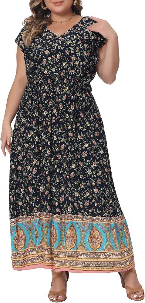 Agnes Orinda Plus Size Dress for Women Bohemian V Neck Ruffle Sleeve Casual Boho Floral Maxi Long... | Amazon (US)