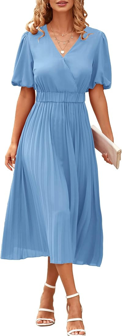 Women's Summer Pleated Midi Dress Wrap V Neck Puff Sleeve Casual Chiffon A Line Flowy Dresses | Amazon (US)