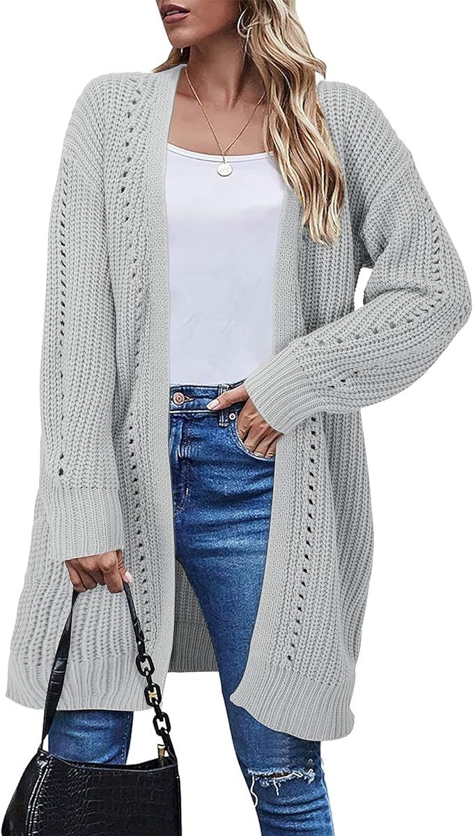 II ININ Women's Long Sleeve Open Front Cable Knit Cardigan Sweater Solid Loose Coat Long Outerwea... | Amazon (US)