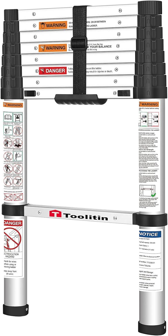 TOOLITIN Telescoping Ladder,8.5FT One Button Retraction Aluminum Telescopic Extension Ladder,Soft... | Amazon (US)