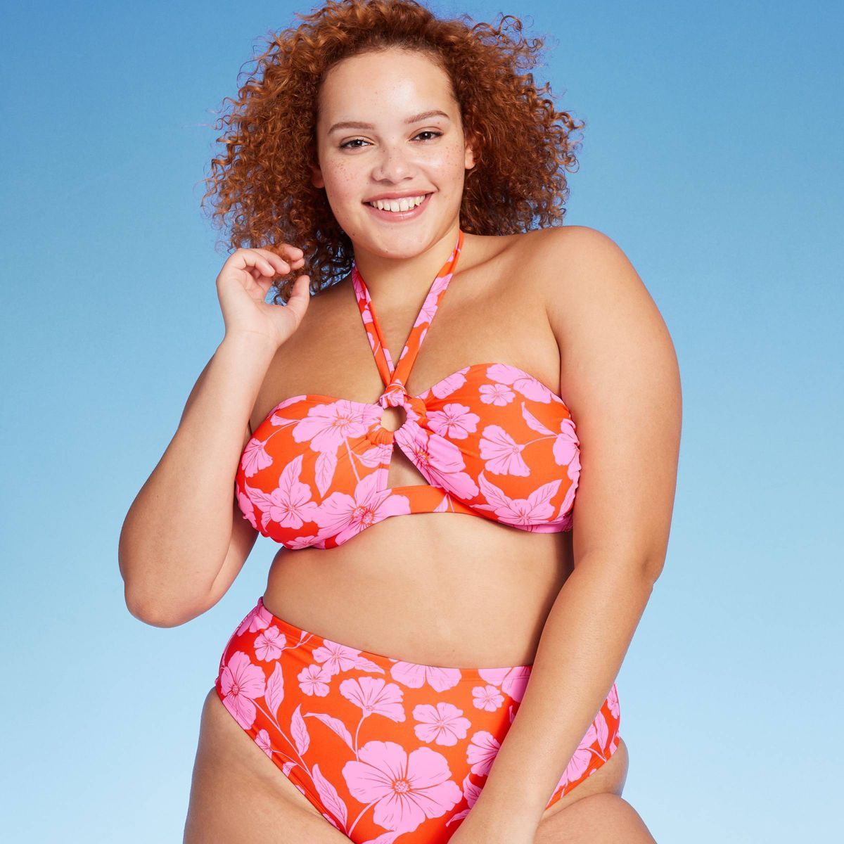 Women's Ring Front Halter Bandeau Bikini Top - Wild Fable™ Orange/Pink Tropical Print | Target