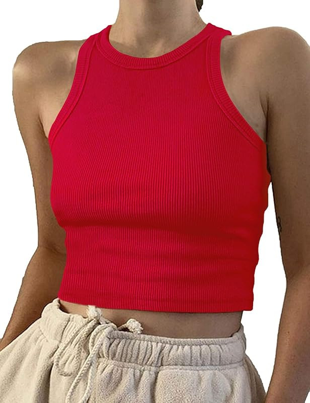 Women Casual Basic Sleeveless High Neck Rib-Knit Y2k Crop Tank Top | Amazon (US)
