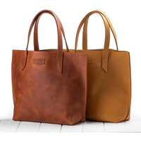 Cognac Leather Bag, Shoulder Woman Leather Tote, Shopping Zippered Casual Bag | Etsy (US)