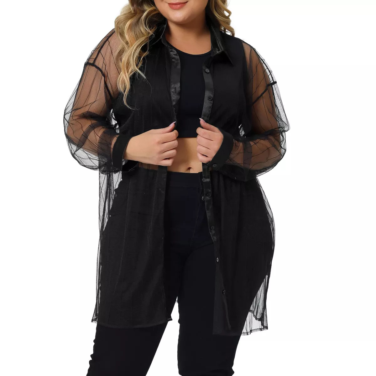 Agnes Orinda Women's Plus Size Mesh Sheer Long Sleeve Button Down See Through Shirts | Target