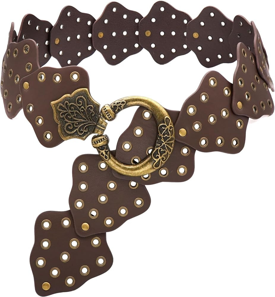 Wide Disc Belt for Women Vintage Hollow Boho Leather Belt Western Chunky Waist Belt Cowboy Metal ... | Amazon (US)