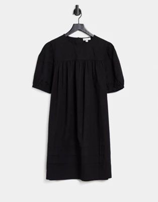 Warehouse pintuck puff sleeve mini dress in black | ASOS (Global)