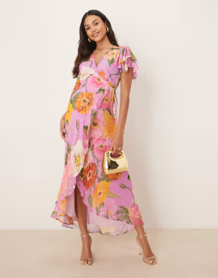 Hope & Ivy Maternity frill sleeve maxi wrap dress with tie waist in blue print | ASOS (Global)
