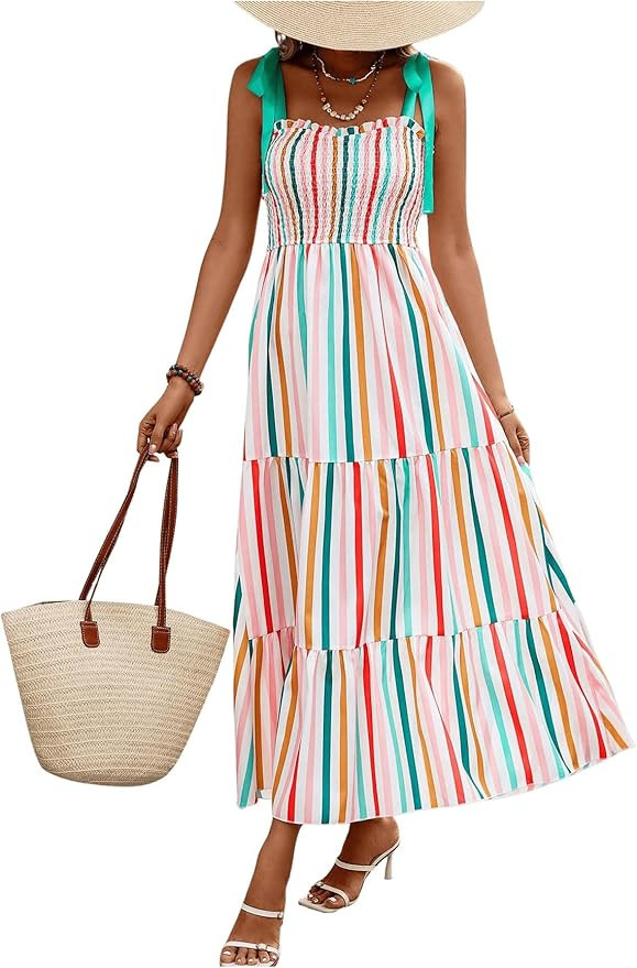 Floerns Women's Floral Print Tie Strap Square Neck Ruffle Boho Maxi Dress | Amazon (US)