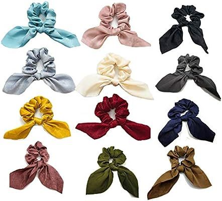12 Pack Hair Scrunchies Bow Soft Satin Silk Scarf Hair Ties Solid 12 Colors for Women Girl | Amazon (US)