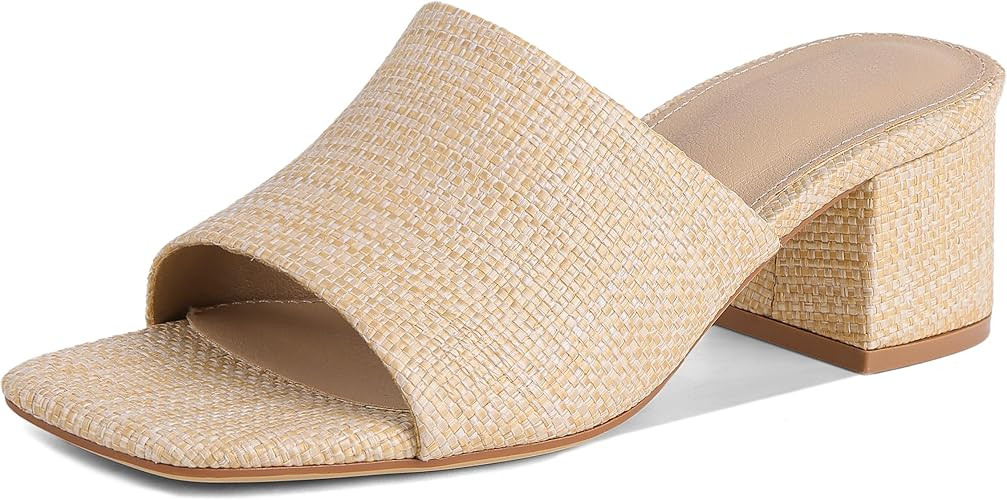 MeiLuSi Raffia Heeled Sandals for Women Chunky Block Heeled Mules Summer | Raffia Slide Sandals, ... | Amazon (US)