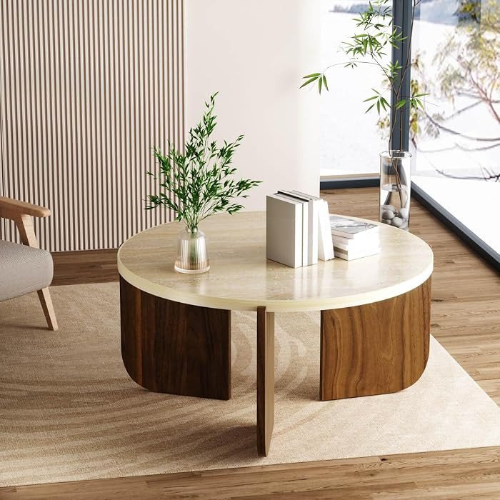 Round Travertine Texture Coffee Table, 28 inch Stone Coffee Table, Modern Design, Durable, Minima... | Amazon (US)
