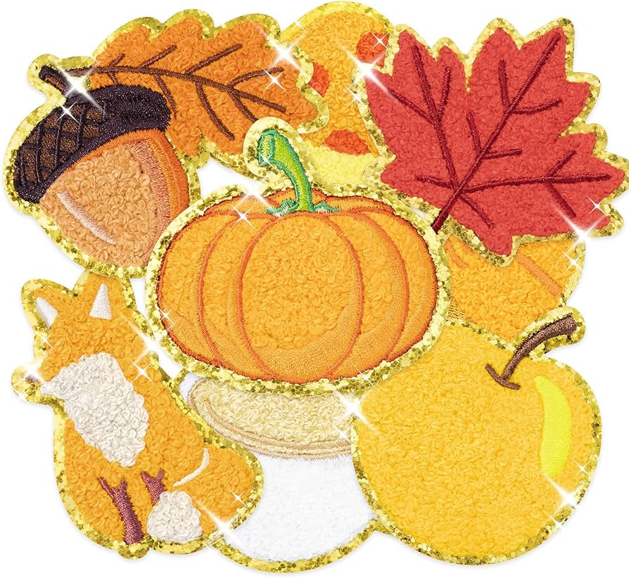 8 Pcs Fall Iron on Patches Glitter Thanksgiving Pumpkin Maple Leaves Chenille Sew on Repair Embro... | Amazon (US)