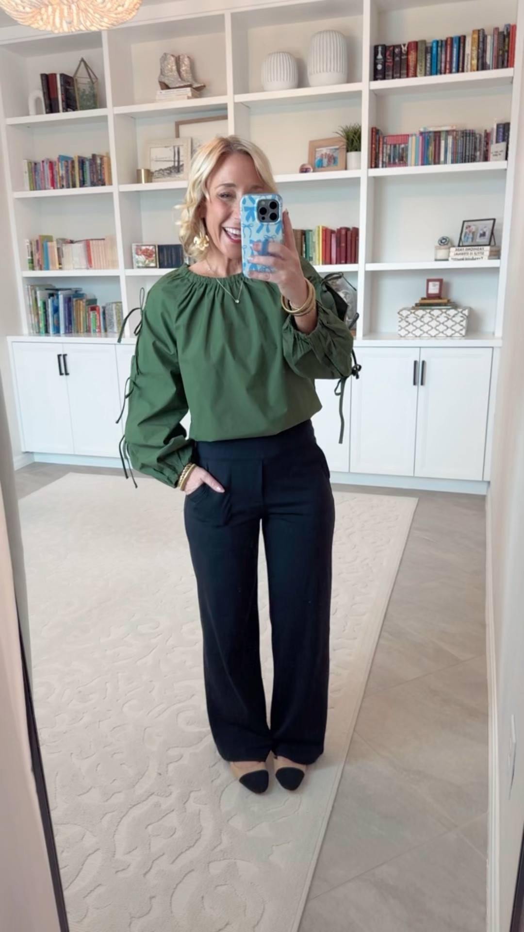 Walmart work(ish) wear:
• Gathered Neck Top w/ Long Tie Sleeves - size XS. $24. Cotton & comes in 2 colors. 
• Black pants - size small. 27” inseam. 

#LTKSeasonal #LTKOver40 #LTKFindsUnder50