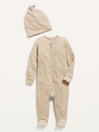 Footed Sleep &#x26; Play Rib-Knit One-Piece &#x26; Beanie Layette Set for Baby | Old Navy (US)