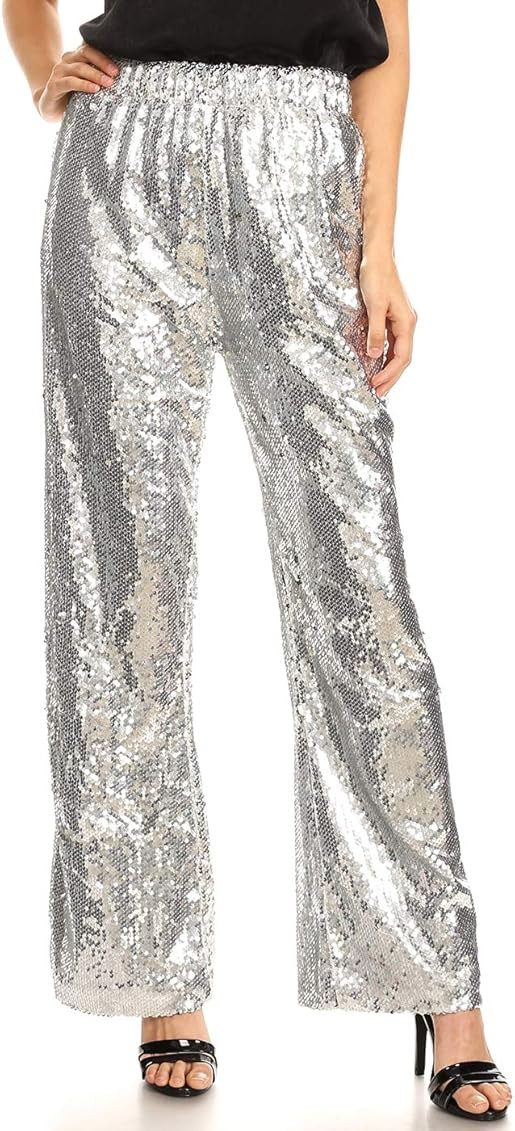 Anna-Kaci Women's Elastic Waist Sparkly Sequin 70's Disco Wide Leg Flare Palazzo Pants | Amazon (US)