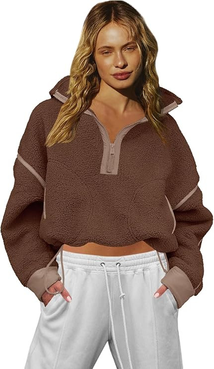 LAMISSCHE Half Zip Sweatshirt Women Oversized Sherpa Jacket V Neck Fleece Pullover Hoodie with Po... | Amazon (US)