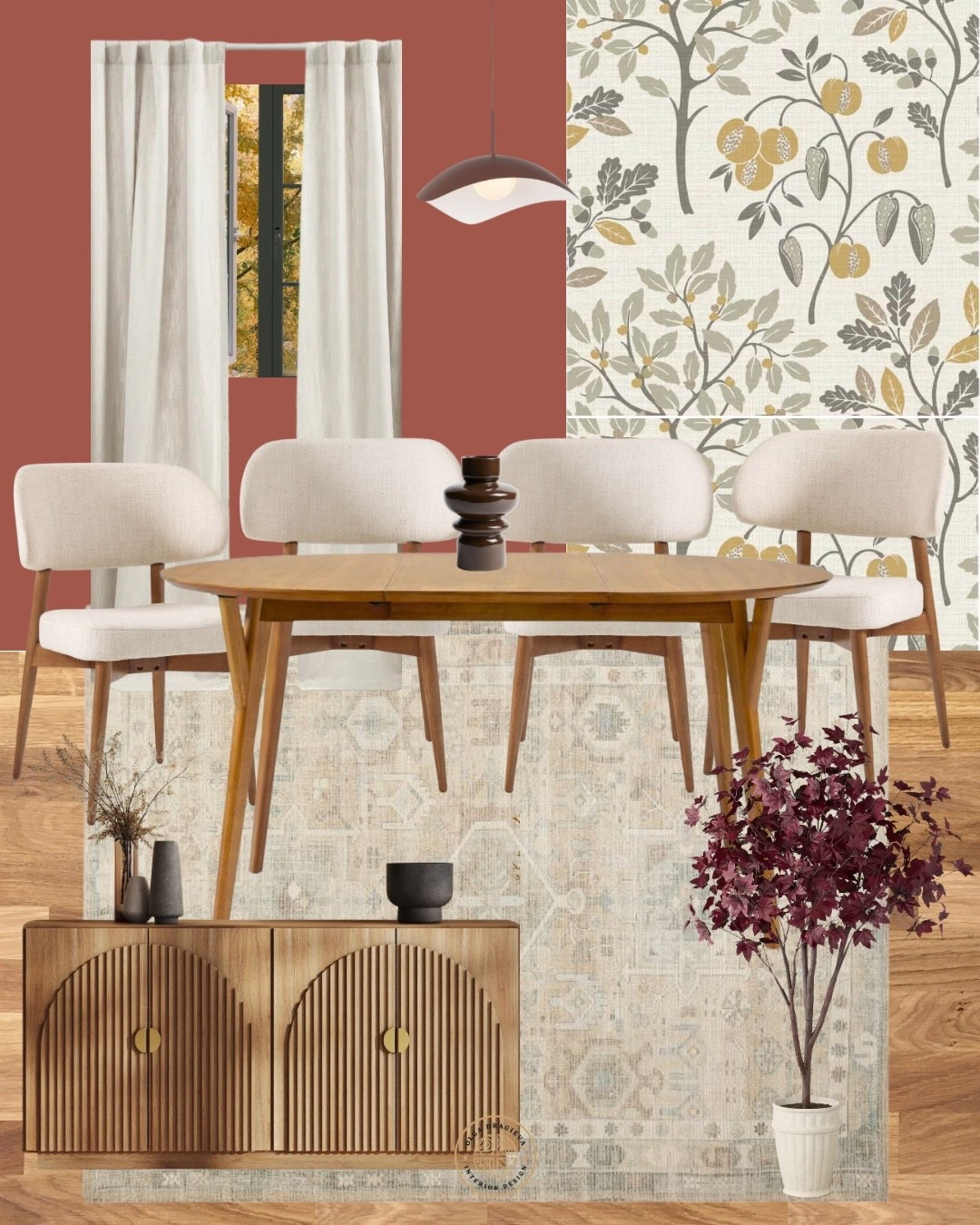 Beautiful dining room, extendable dining table from West Elm, dining chairs, affordable console table from Wayfair, faux tree, beautiful floral wallpaper, sculptural pendant light. #homedecor #diningroominspo

#LTKHome #LTKFamily #LTKSeasonal