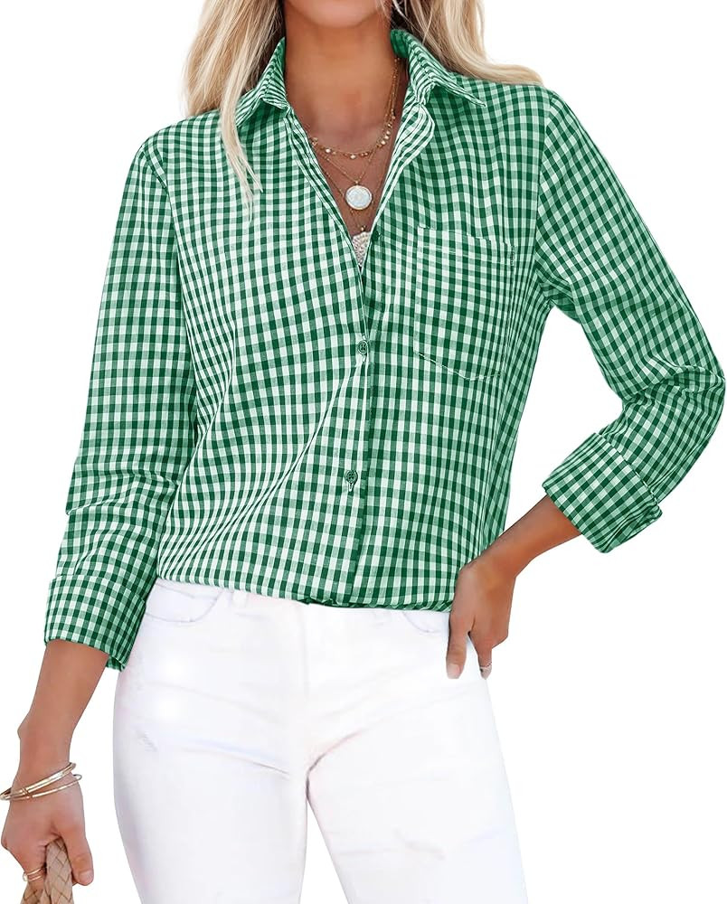 siliteelon Plaid Shirts for Women Gingham Top Button Down Long Sleeve Dress Shirts Cotton Casual ... | Amazon (US)