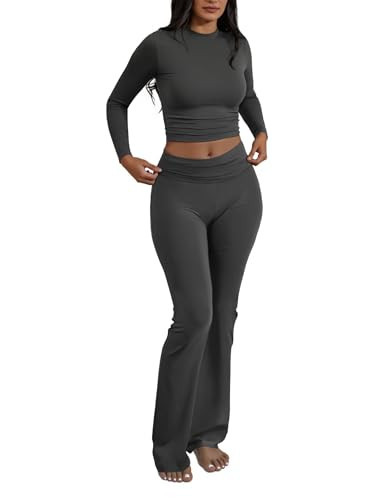 COPYLEAF Two Piece Lounge Sets for Women Fold Over Flare Leggings Long Sleeve Crop Tops Matching Set Casual Y2k Outfits(Dark Grey S) | Amazon (US)