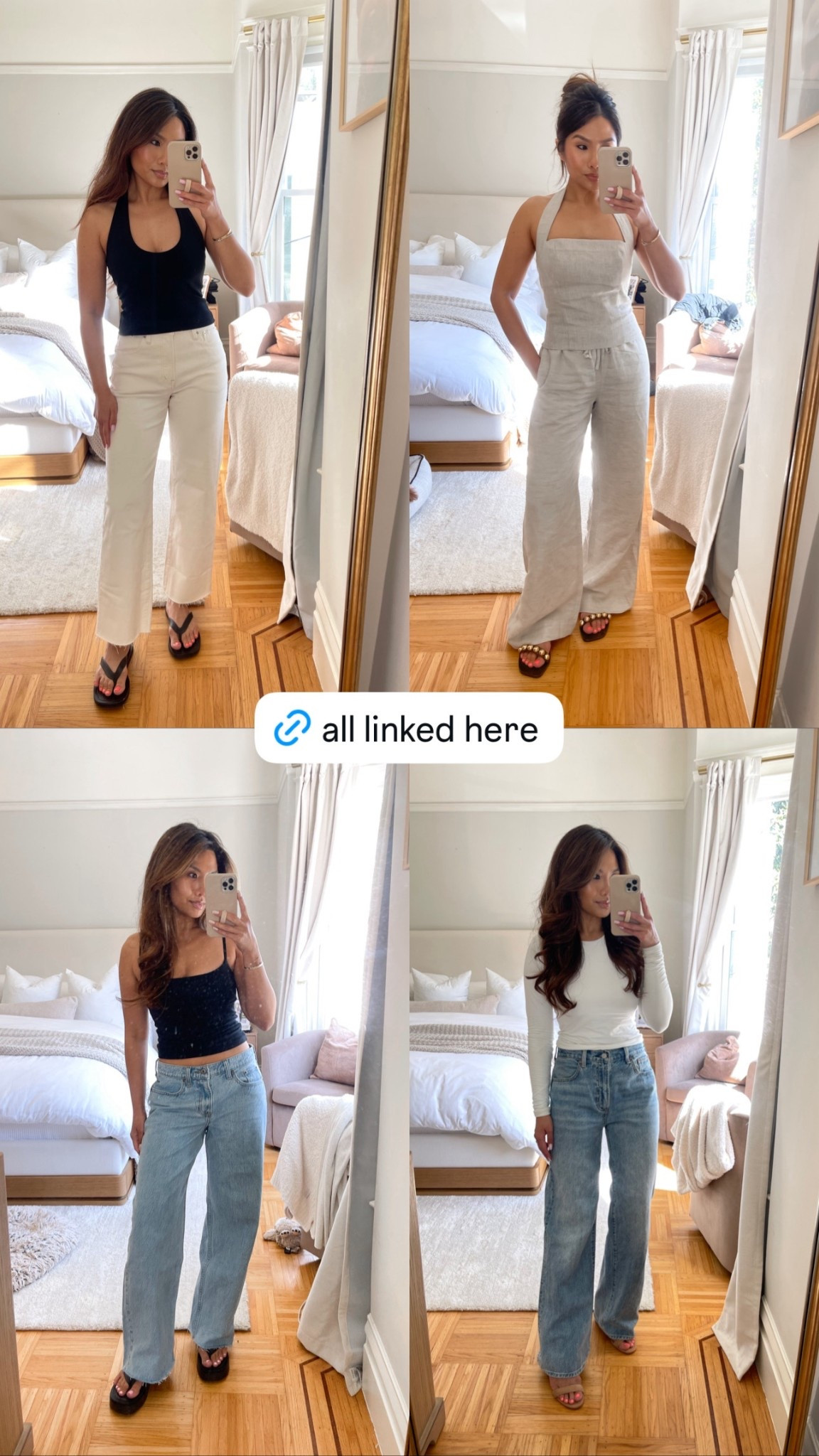 My favorite spring bottoms! Most are petite friendly! I’m 5’2.5 with a shorter torso

Cream jeans - tts, 25 standard in crop style, vintage canvas 
Low rise ultra loose jeans - tts, 25 short, light wash
Linen pants - tts, XS classic, white
beige linen pants - tts, XS standard (wish I did short though! Undyed ecru color
Wide leg light wash jeans - tts, 25 standard, 7 years bleu taboo wash, (still need a heel with those for th standard length)
Dress Shorts - sized up to 2, mini length, black and light birch  

Tops:
Halter - wearing small
Cami - tts, xs
Halter linen top - tts, wearing xs 

#LTKPetite #LTKootd