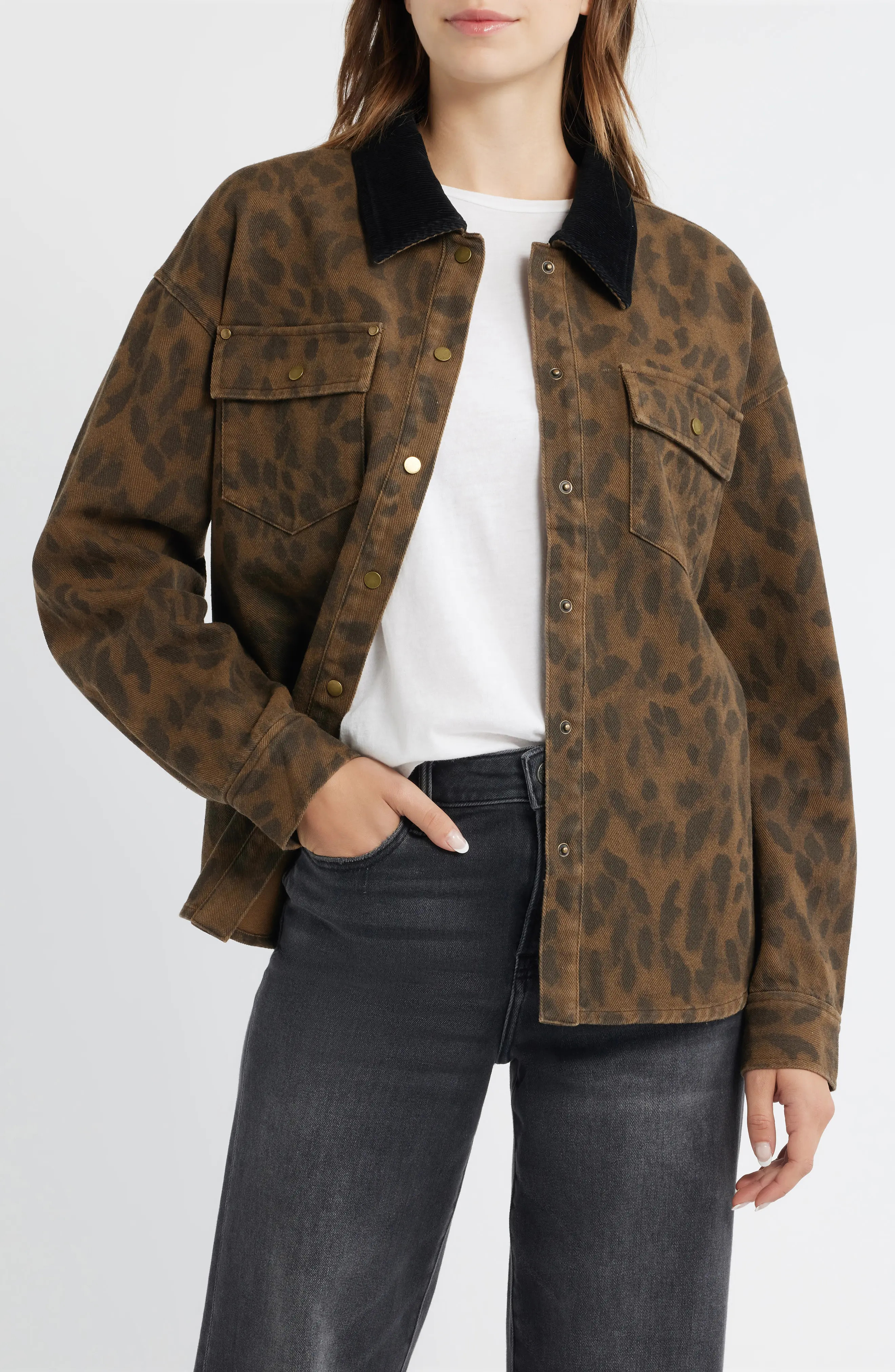 Thread & Supply Leopard Print Cotton Denim Shacket (Women) | Nordstrom | Nordstrom